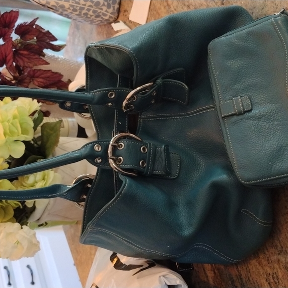 Tignanello Teal Turquoise Leather Satchel bag and Long Zipper wallet Set - Picture 4 of 6